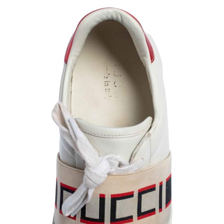Pre Owned Gucci White/Red Leather Ace Gucci Band Low Top Sneakers Size 42.5