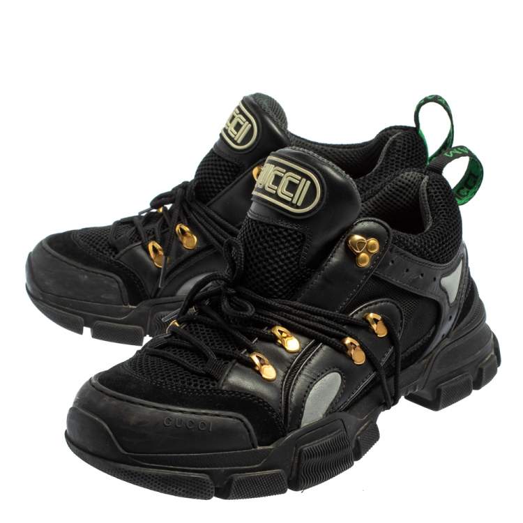 Pre Owned Gucci Black Mesh And Leather Flashtrek Low Top Sneakers Size 42.5