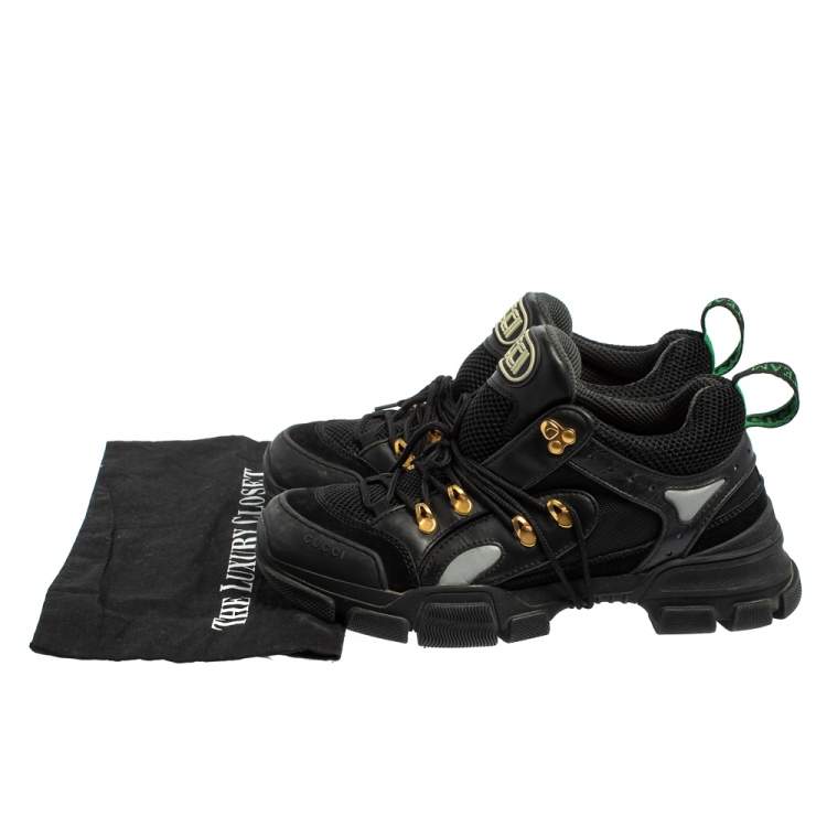 Pre Owned Gucci Black Mesh And Leather Flashtrek Low Top Sneakers Size 42.5