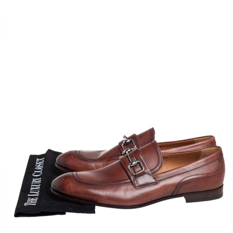 Pre Owned Gucci Brown  Leather Horsebit Detail Slip On Loafers Size 44
