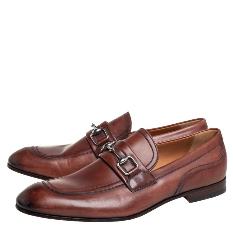 Pre Owned Gucci Brown  Leather Horsebit Detail Slip On Loafers Size 44