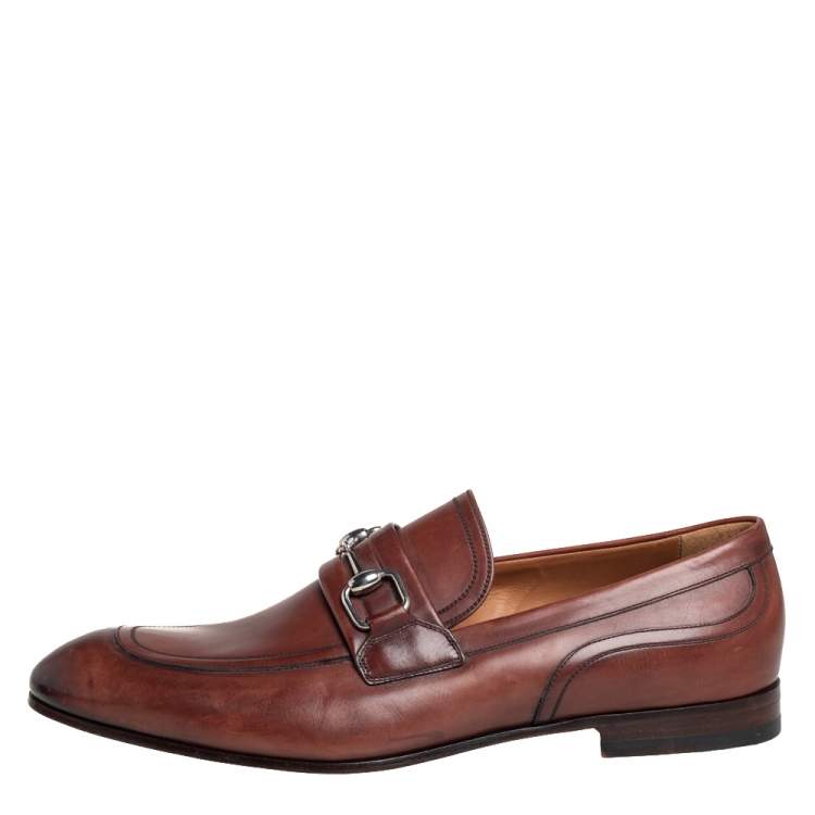 Pre Owned Gucci Brown  Leather Horsebit Detail Slip On Loafers Size 44