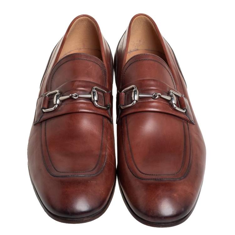 Pre Owned Gucci Brown  Leather Horsebit Detail Slip On Loafers Size 44