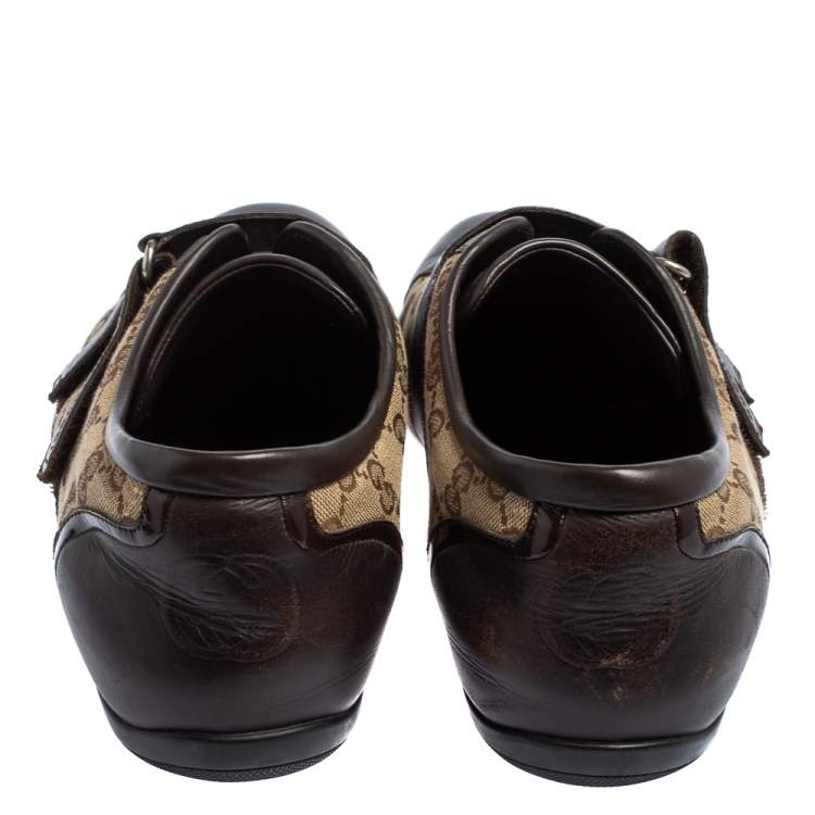 Pre Owned Gucci Brown/Beige GG Canvas And Leather Velcro Sneakers Size 44