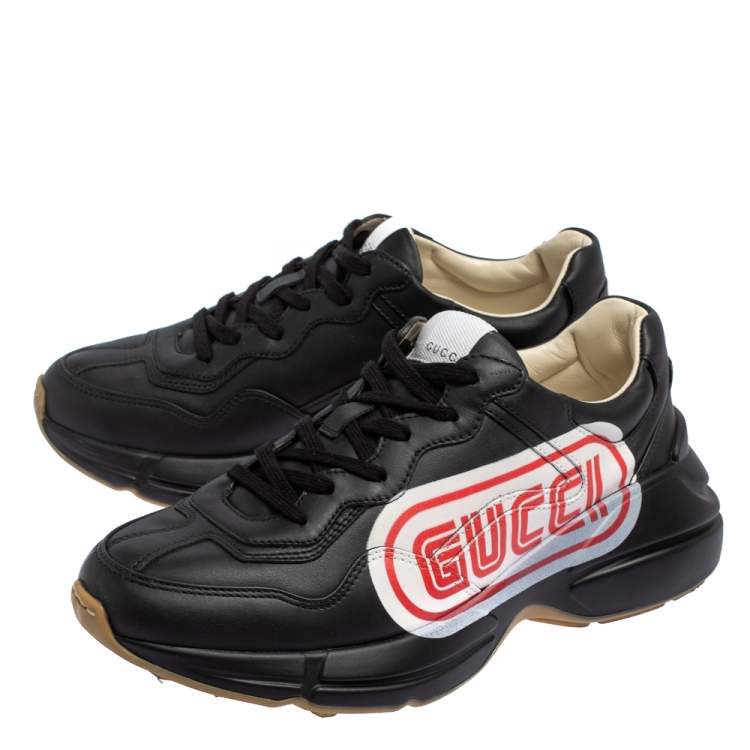 Pre Owned Gucci Black Leather Rhyton Logo Low Top Sneakers Size 39.5