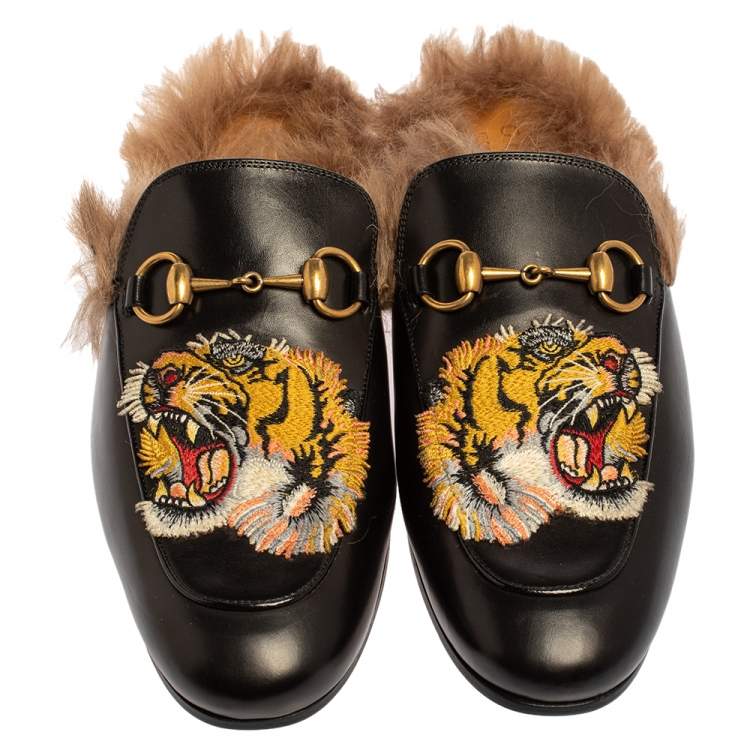 Pre Owned Gucci Black Tiger Embroidered Leather And Fur Princetown Horsebit Mules Size 40