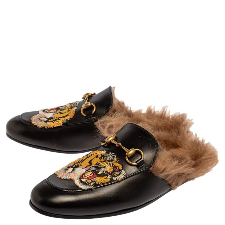 Pre Owned Gucci Black Tiger Embroidered Leather And Fur Princetown Horsebit Mules Size 40