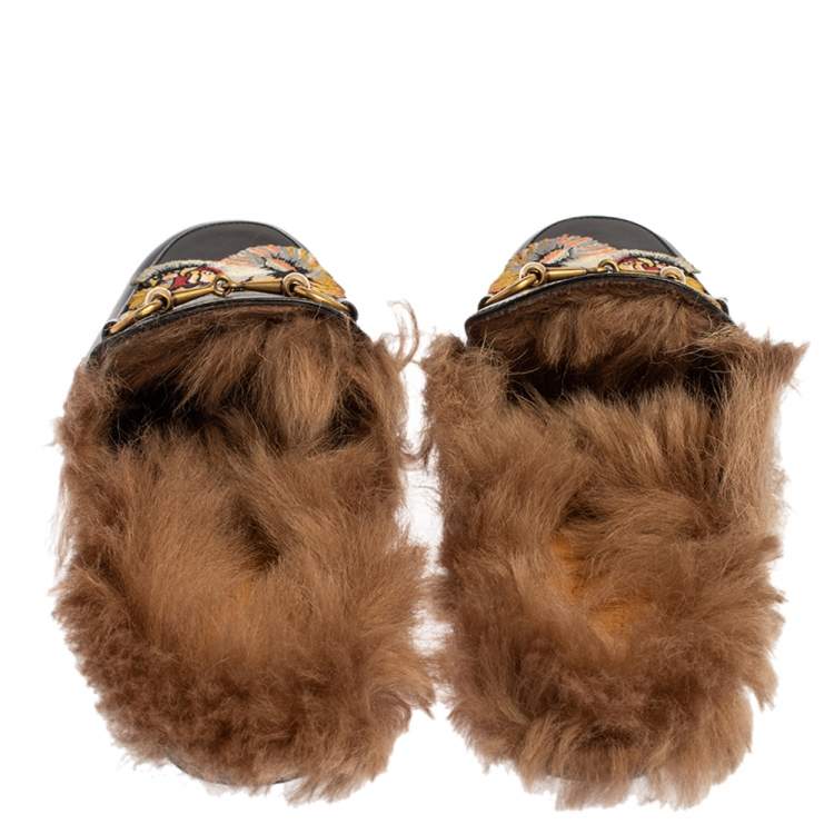 Pre Owned Gucci Black Tiger Embroidered Leather And Fur Princetown Horsebit Mules Size 40
