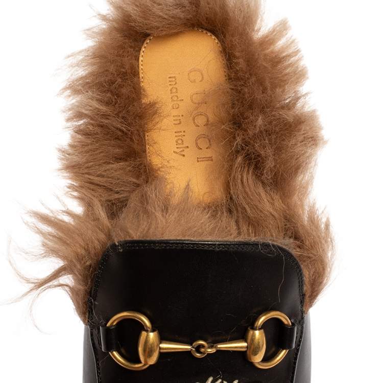 Pre Owned Gucci Black Tiger Embroidered Leather And Fur Princetown Horsebit Mules Size 40