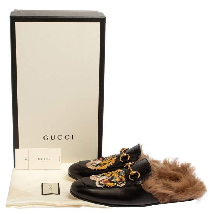 Pre Owned Gucci Black Tiger Embroidered Leather And Fur Princetown Horsebit Mules Size 40