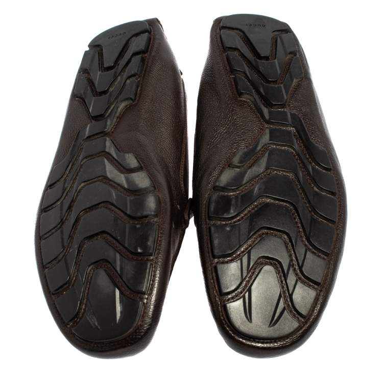Pre Owned Gucci Dark Brown Leather Slip On Loafers Size 43.5