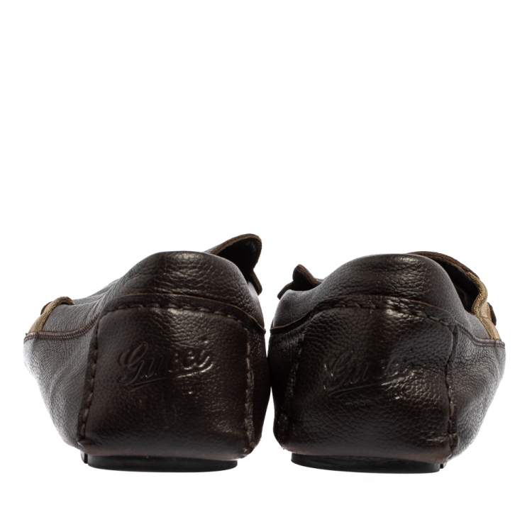 Pre Owned Gucci Dark Brown Leather Slip On Loafers Size 43.5