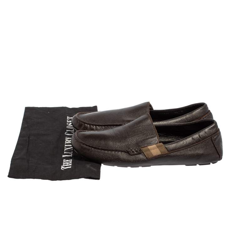 Pre Owned Gucci Dark Brown Leather Slip On Loafers Size 43.5