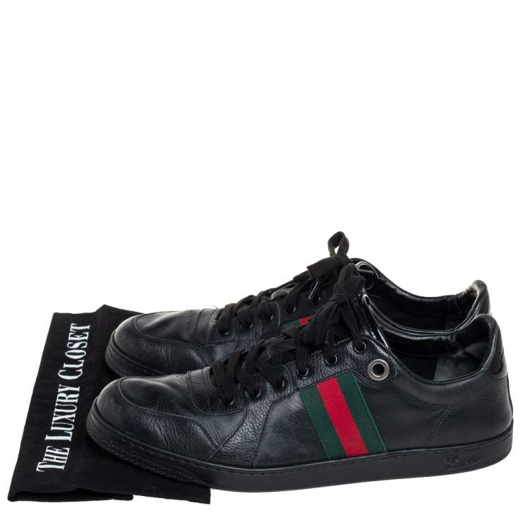 Pre Owned Gucci Black Leather Web Detail Low Top Sneakers Size 45