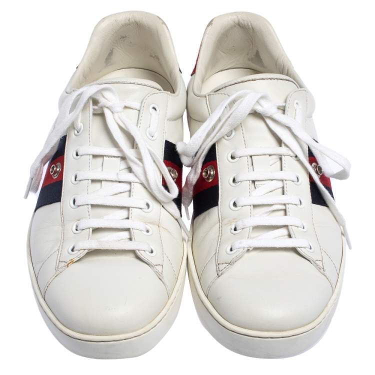 Pre Owned Gucci White Leather Web Ace Low Top Sneakers Size 44