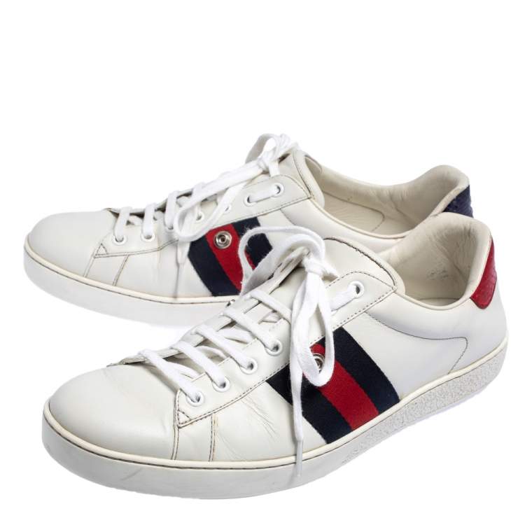 Pre Owned Gucci White Leather Web Ace Low Top Sneakers Size 44