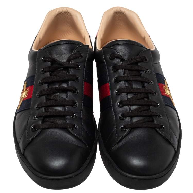 Pre Owned Gucci Black Leather Ace Web Low Top Sneakers Size 44