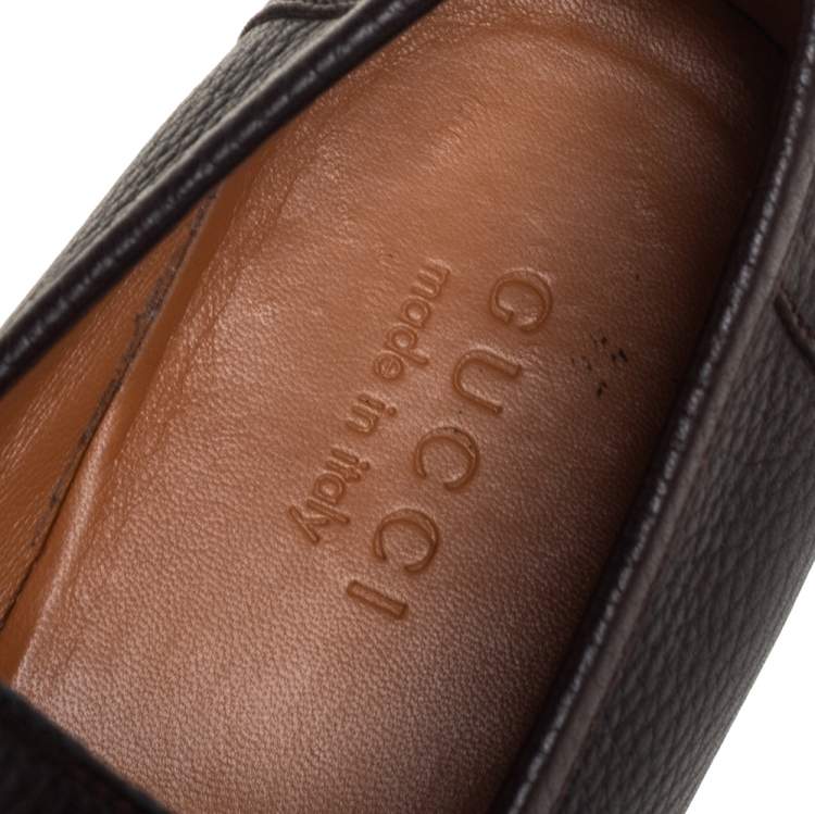 Pre Owned Gucci Brown Leather Braided Trim Loafers Size 42.5