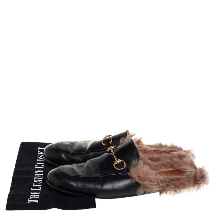Pre Owned Gucci Black Leather And Fur Princetown Mules Size 44.5