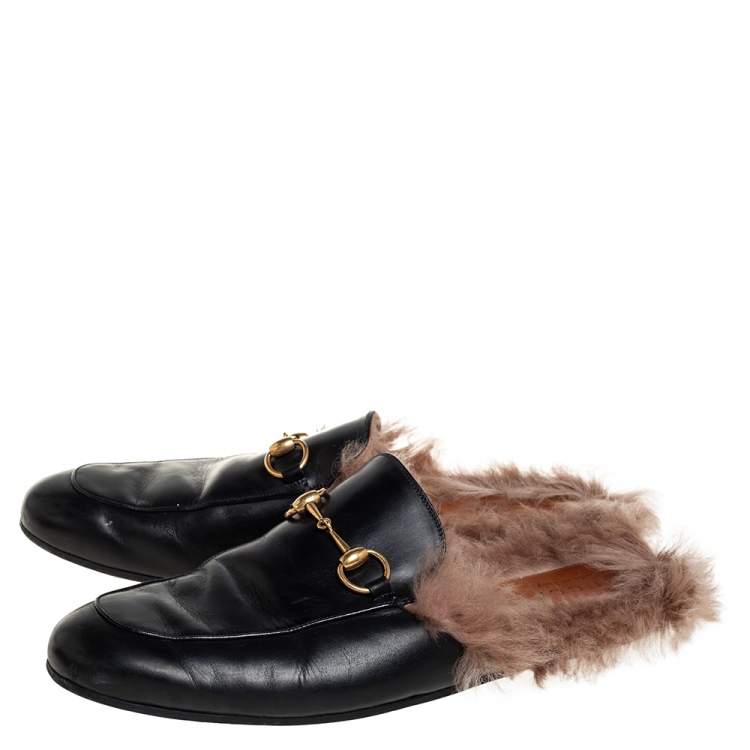Pre Owned Gucci Black Leather And Fur Princetown Mules Size 44.5