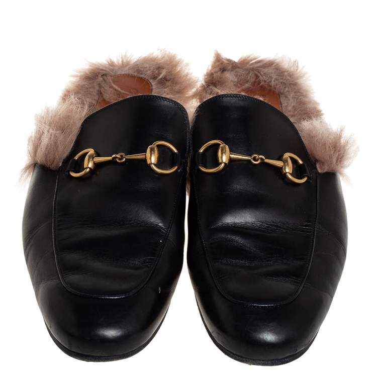 Pre Owned Gucci Black Leather And Fur Princetown Mules Size 44.5