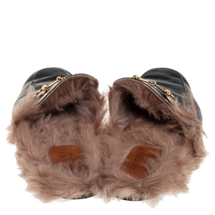 Pre Owned Gucci Black Leather And Fur Princetown Mules Size 44.5