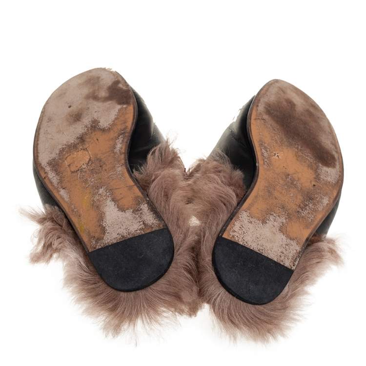 Pre Owned Gucci Black Leather And Fur Princetown Mules Size 44.5