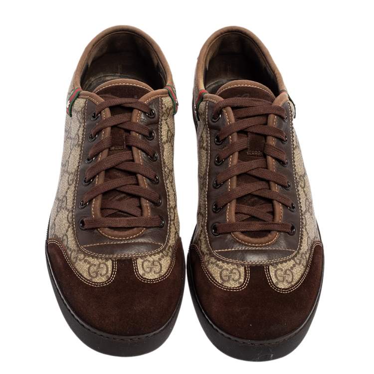 Pre Owned Gucci Brown/Beige GG Coated Canvas and Suede Low Top Sneakers Size 42.5