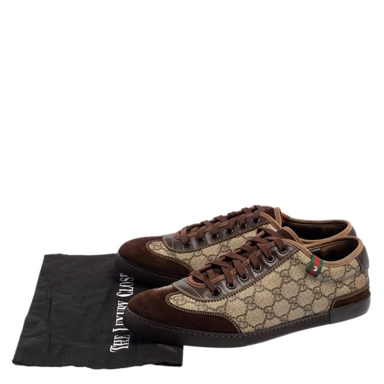 Pre Owned Gucci Brown/Beige GG Coated Canvas and Suede Low Top Sneakers Size 42.5