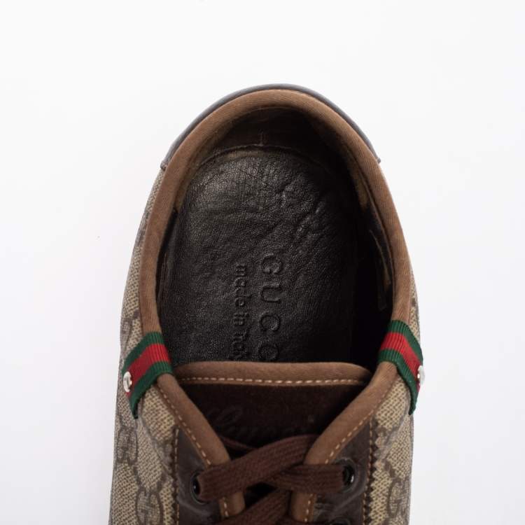 Pre Owned Gucci Brown/Beige GG Coated Canvas and Suede Low Top Sneakers Size 42.5