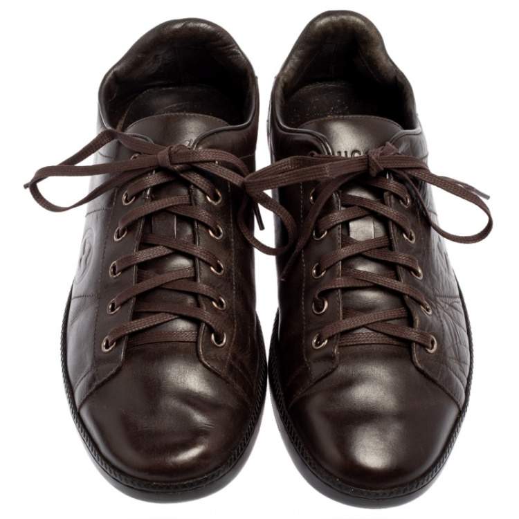 Pre Owned Gucci Brown Leather Interlocking GG Logo Low Top Sneakers Size 41