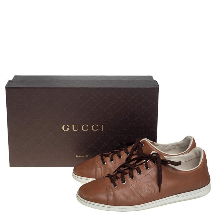 Pre Owned Gucci Brown Leather Interlocking GG Lace Up Sneakers Size 44