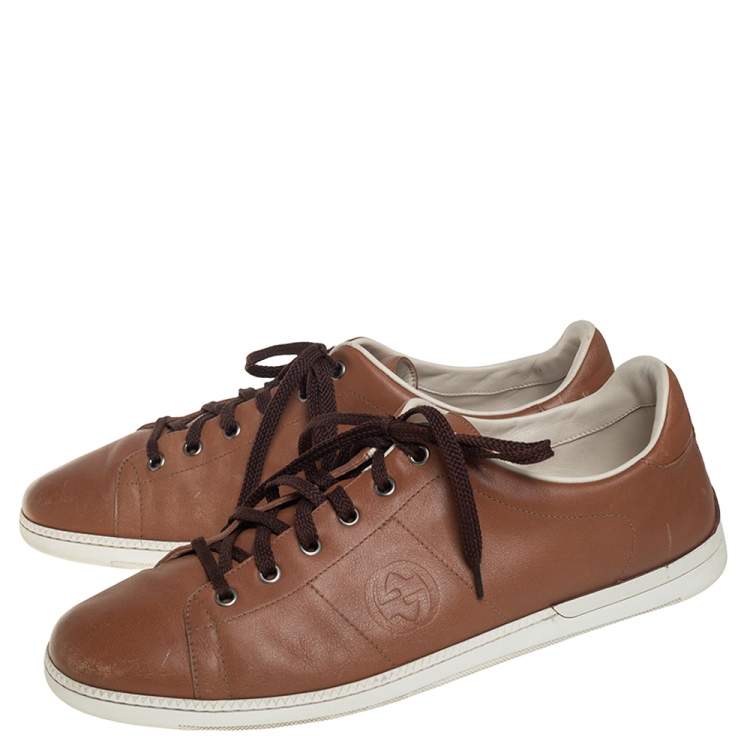 Pre Owned Gucci Brown Leather Interlocking GG Lace Up Sneakers Size 44