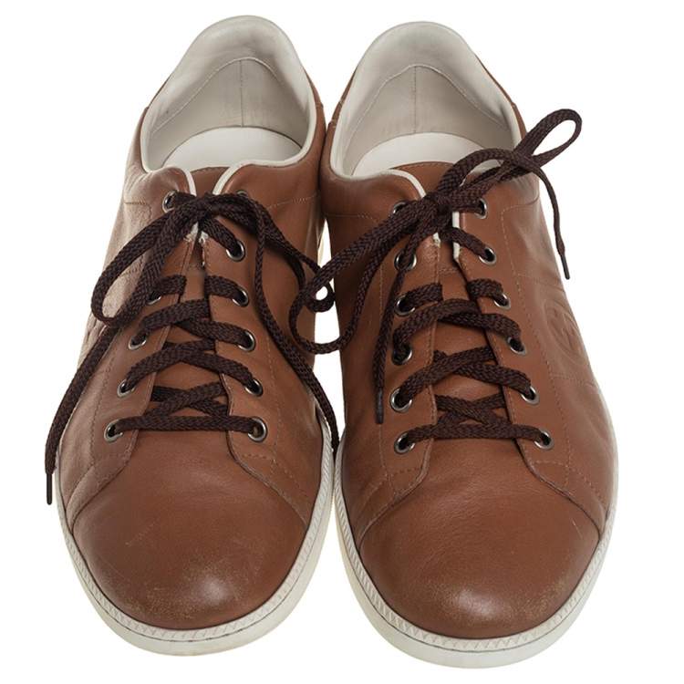Pre Owned Gucci Brown Leather Interlocking GG Lace Up Sneakers Size 44