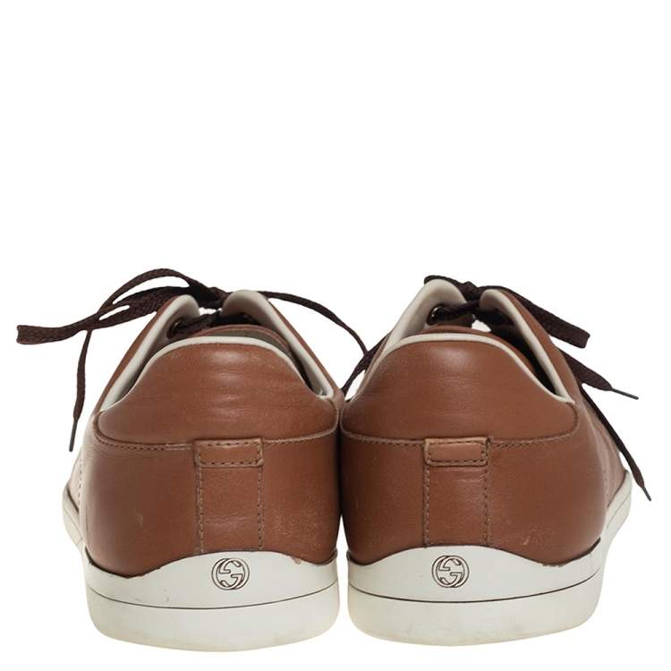 Pre Owned Gucci Brown Leather Interlocking GG Lace Up Sneakers Size 44
