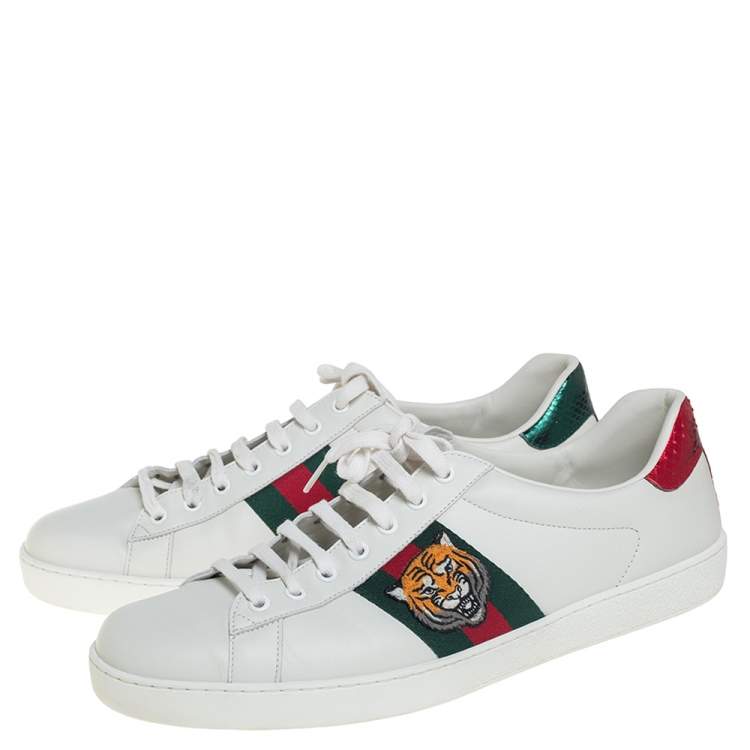 Pre Owned Gucci White Leather Ace Embroidered Tiger Low Top Sneakers Size 45
