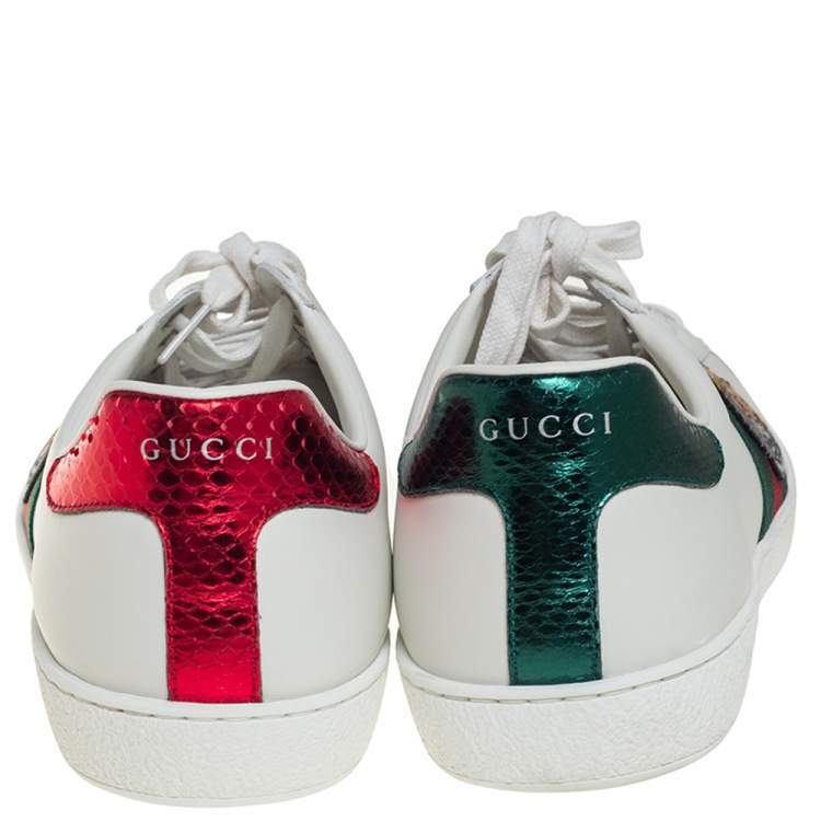 Pre Owned Gucci White Leather Ace Embroidered Tiger Low Top Sneakers Size 45