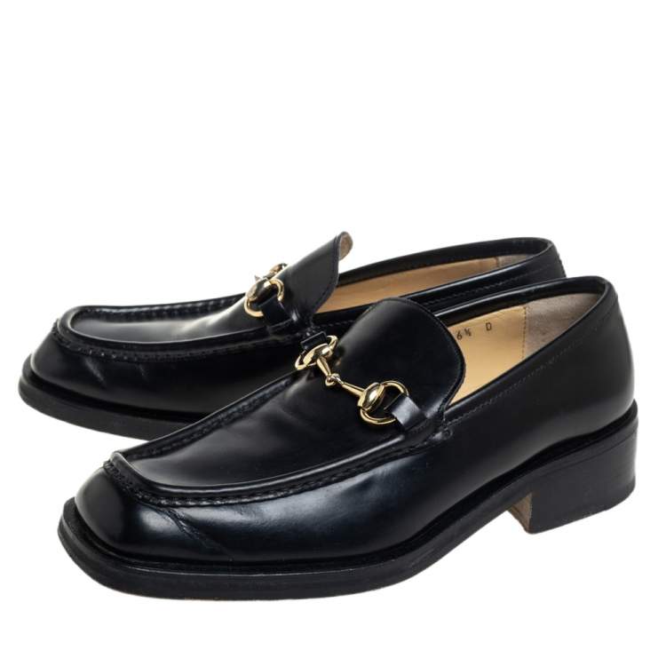 Pre Owned Gucci Black Leather Horsebit Square Toe Slip On Loafers Size 40.5