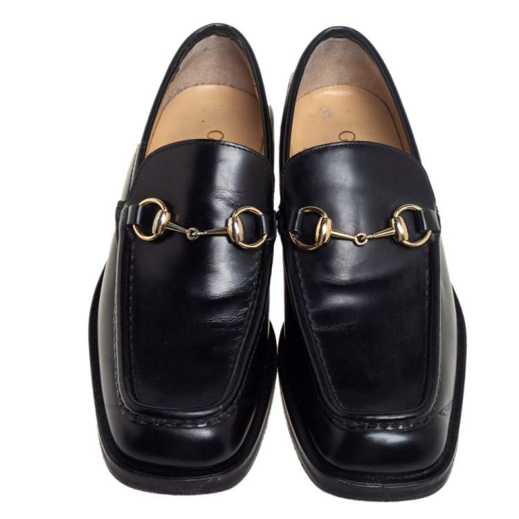Pre Owned Gucci Black Leather Horsebit Square Toe Slip On Loafers Size 40.5