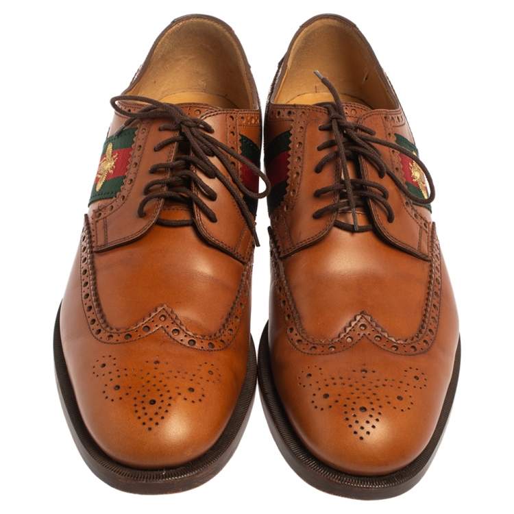 Pre Owned Gucci Tan Leather Bee Web Detail Lace Up Brogue Oxfords Size 44.5