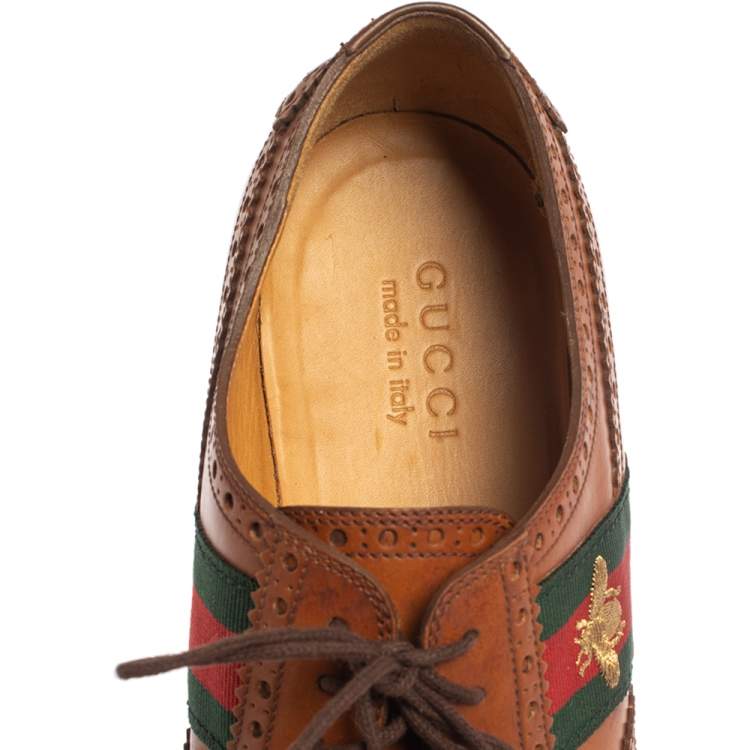 Pre Owned Gucci Tan Leather Bee Web Detail Lace Up Brogue Oxfords Size 44.5