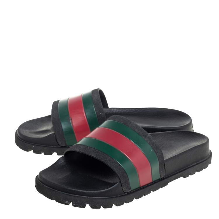 Pre Owned Gucci Black Leather Web Detail Slide Sandals Size 41