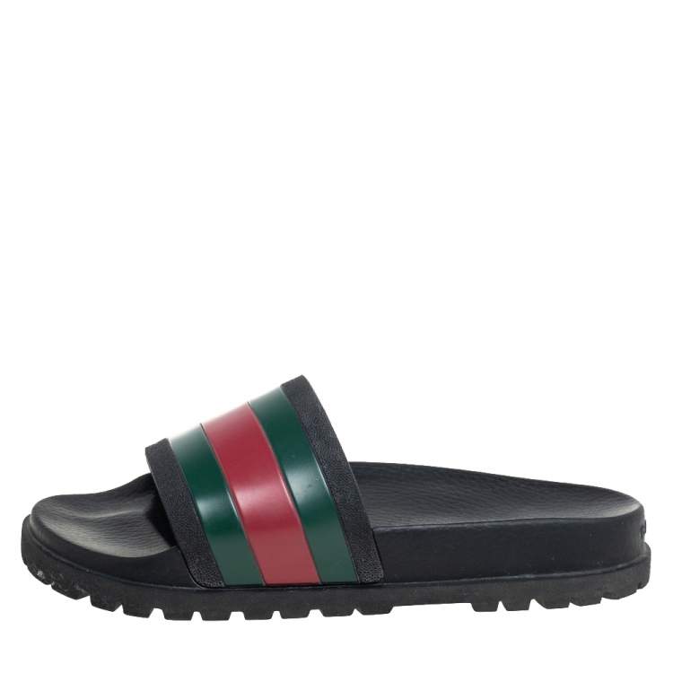 Pre Owned Gucci Black Leather Web Detail Slide Sandals Size 41