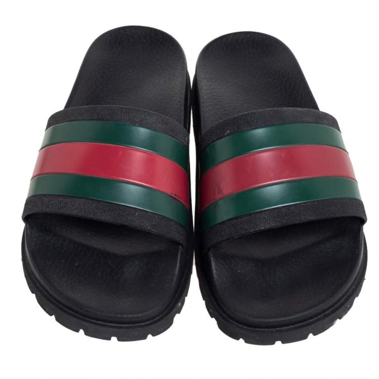 Pre Owned Gucci Black Leather Web Detail Slide Sandals Size 41