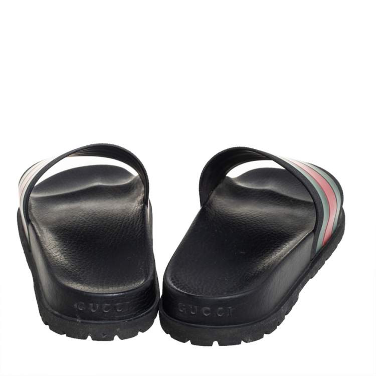 Pre Owned Gucci Black Leather Web Detail Slide Sandals Size 41