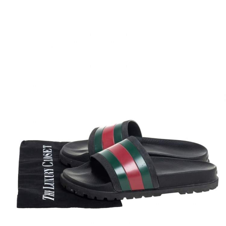 Pre Owned Gucci Black Leather Web Detail Slide Sandals Size 41