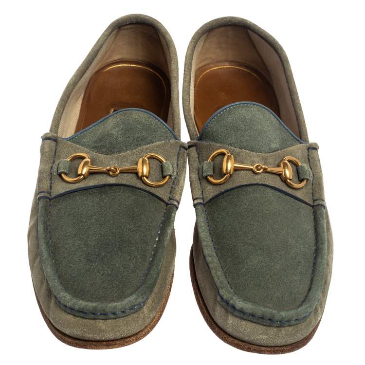 Pre Owned Gucci Blue/Grey Suede Horsebit  Slip on Loafers Size 42