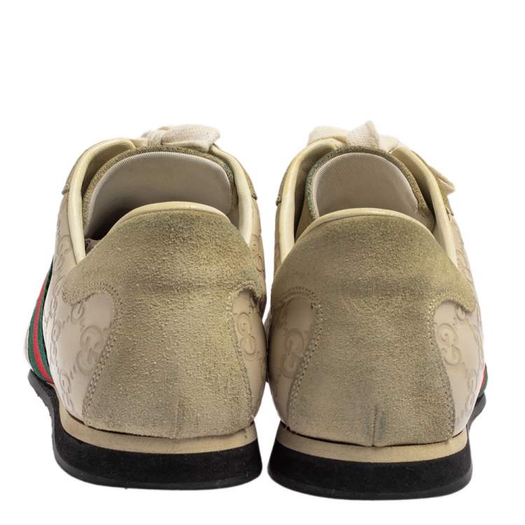 Pre Owned Gucci Cream Suede And Leather Web Low Top Sneakers Size 43.5