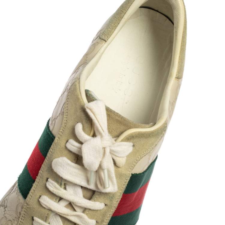 Pre Owned Gucci Cream Suede And Leather Web Low Top Sneakers Size 43.5