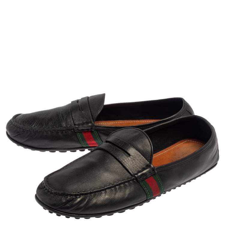 Pre Owned Gucci Black Leather Web Detail Loafers Size 45.5